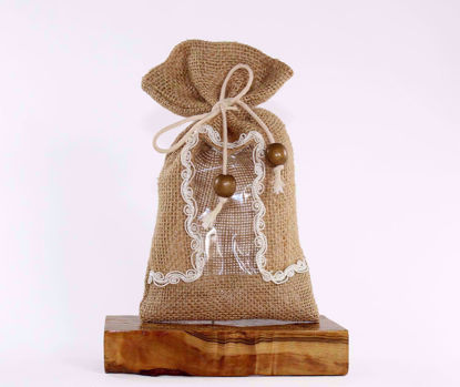 Picture of Burlap pouch with clear vinyl window and lace